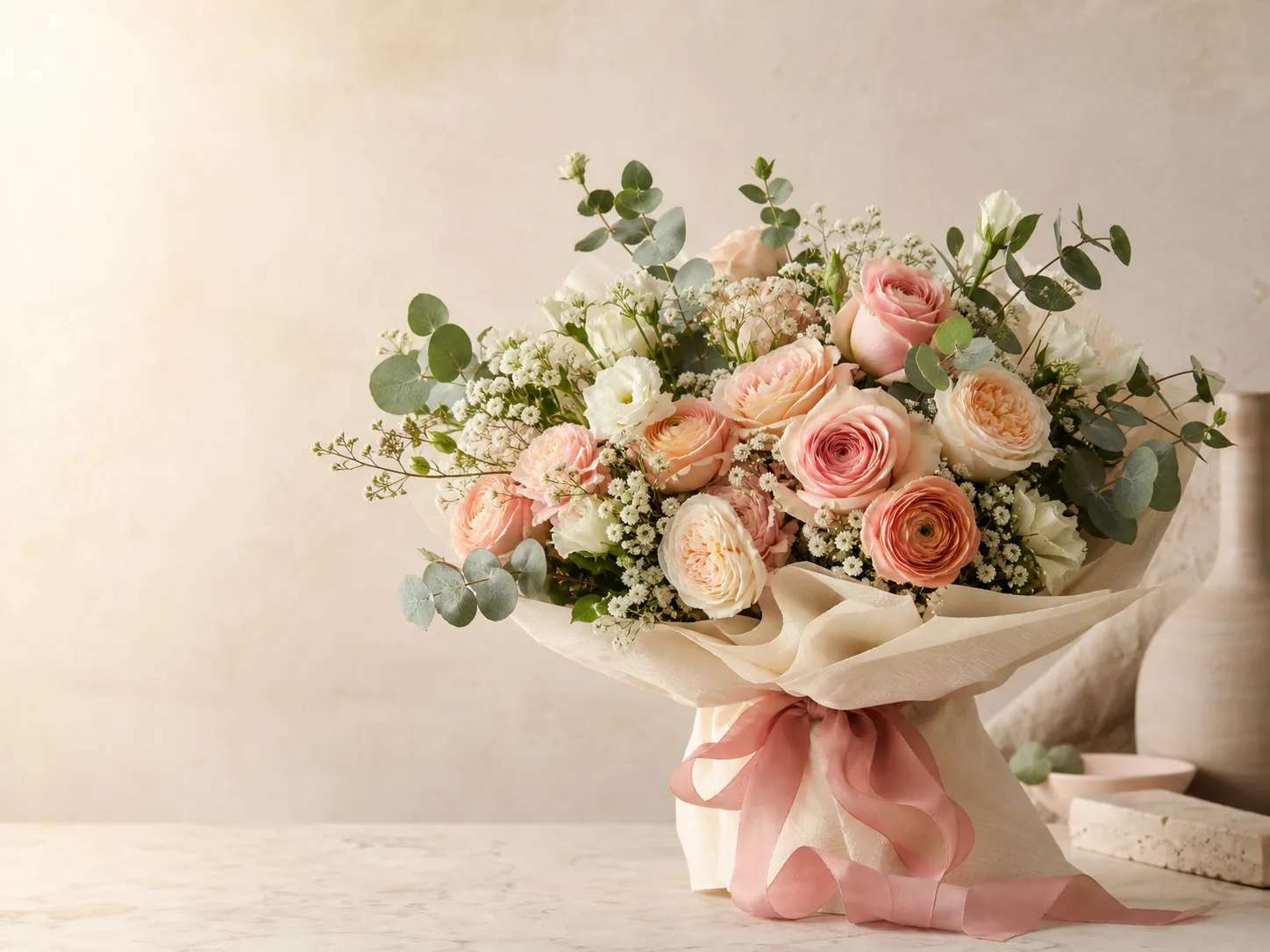 Buket bunga bernuansa peach, putih, dan sage karya Riki Florist
